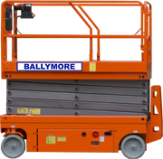 Ballymore drivable scissor lift with orange platform and sturdy gray scissor mechanism