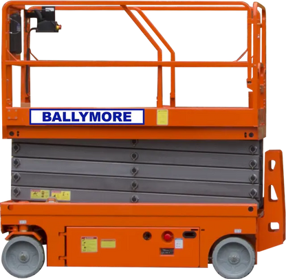 Ballymore drivable scissor lift with orange platform and sturdy gray scissor mechanism