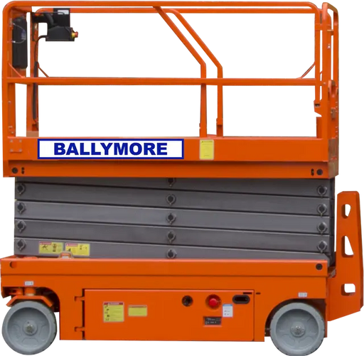Ballymore drivable scissor lift with orange platform and sturdy gray scissor mechanism