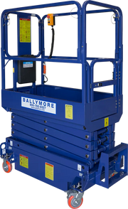 Ballymore compact scissor lift in blue with safety rails and orange wheels for easy mobility
