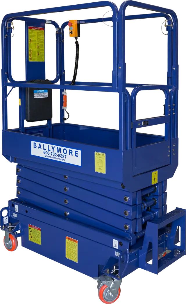 Ballymore compact scissor lift in blue with safety rails and orange wheels for easy mobility