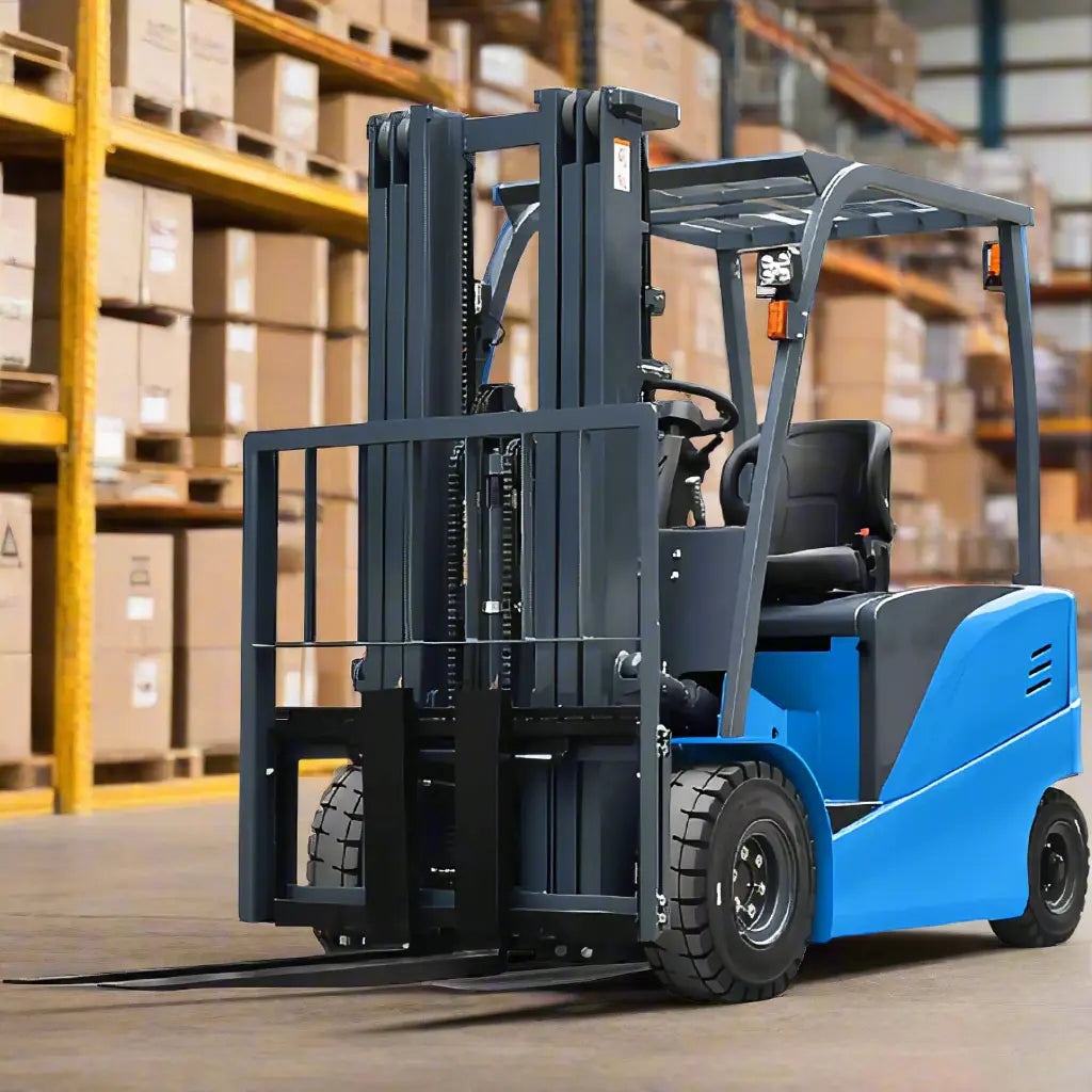 EOSLift blue electric forklift parked in warehouse with shelves full of boxes in background