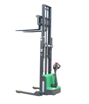 EKKO Electric Pallet Stacker with green base and black lifting forks for warehouse use