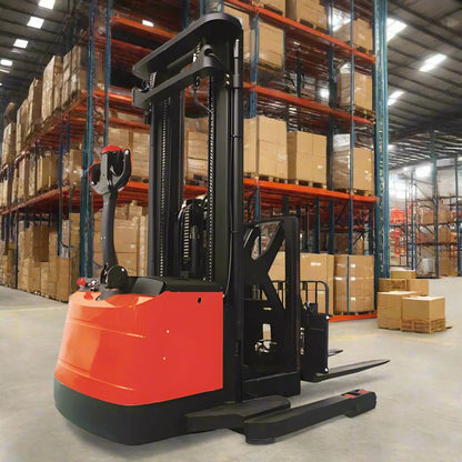 Major Lift electric pallet stacker red and black straddle stacker in warehouse with boxes