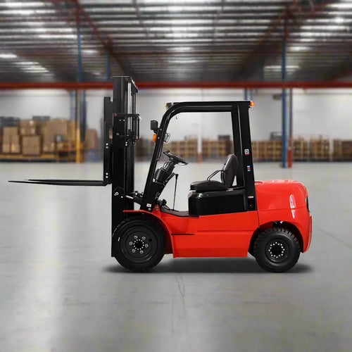 Major Lift red diesel forklift parked inside a spacious warehouse with boxes in background