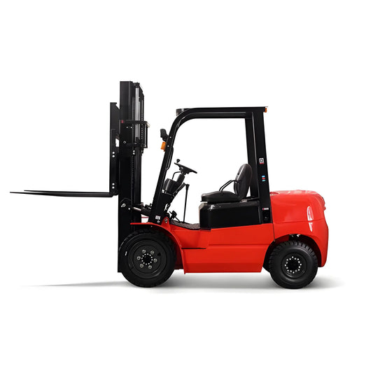 Major Lift red diesel forklift with black forks and operator seat shown in side view