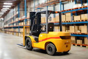 EKKO diesel forklift in warehouse with yellow body and black lifting forks for heavy lifting