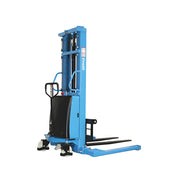 EOSLift blue Semi-Electric Pallet Stacker with black handle and fork for lifting pallets
