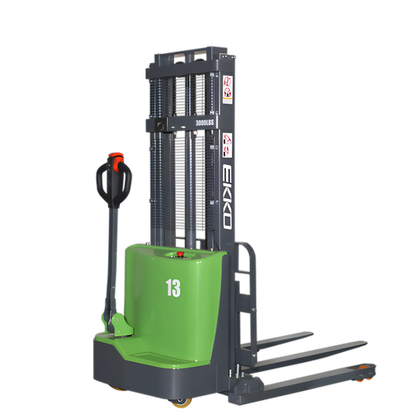 EKKO green and black Electric Pallet Stacker with control handle and lifting forks for warehouse use
