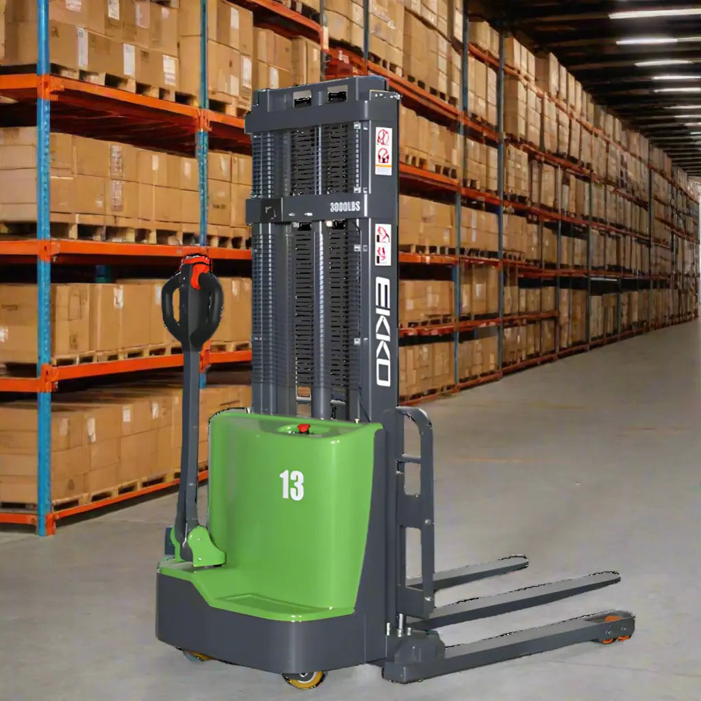 EKKO Electric Pallet Stacker in a warehouse with shelves of boxed goods in the background
