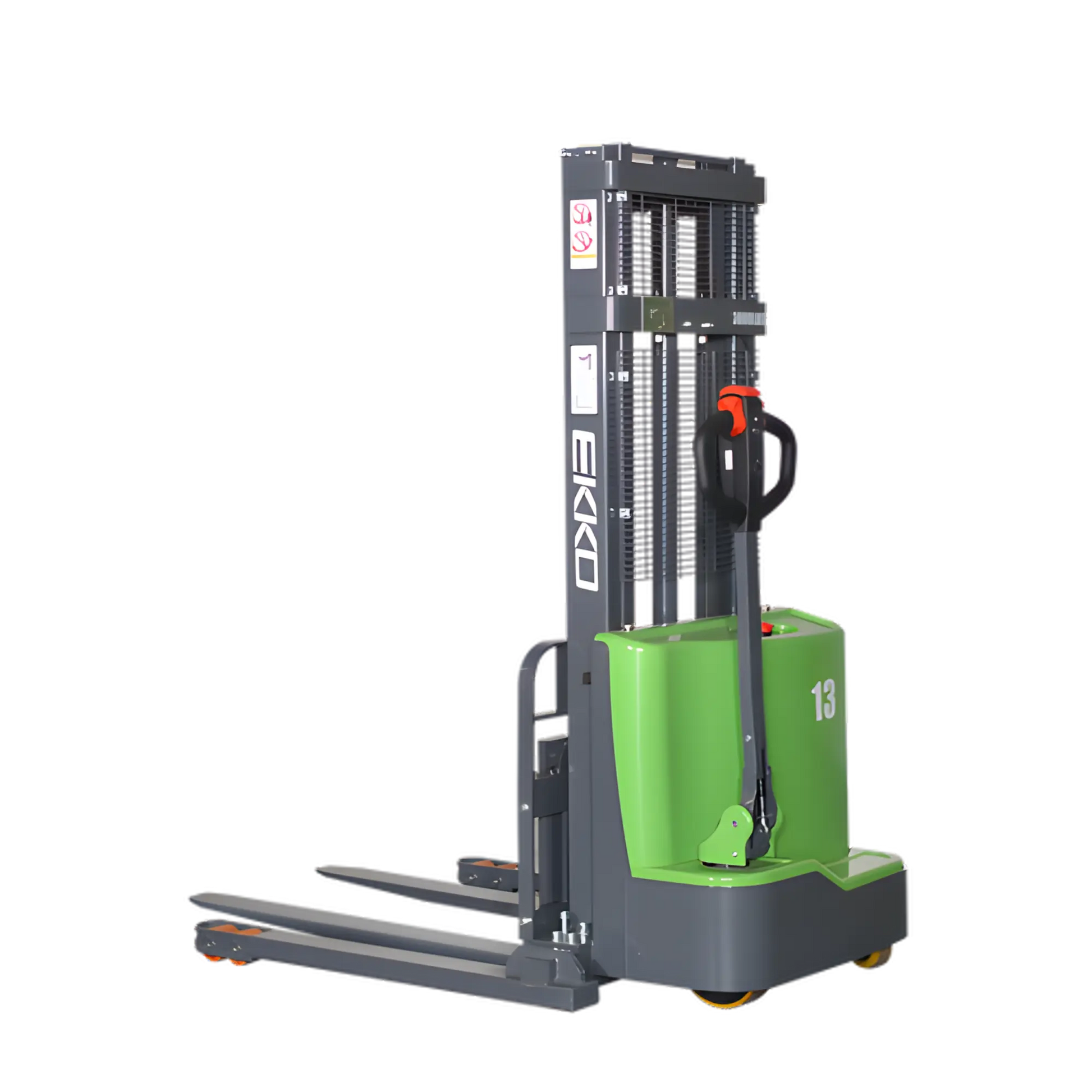 EKKO electric pallet stacker in green and gray with ergonomic handle on black background
