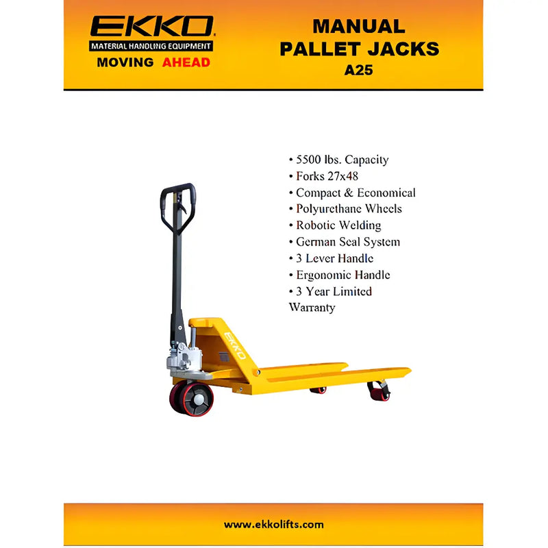 EKKO A25 manual pallet jack with 5500 lbs capacity and ergonomic handle in yellow