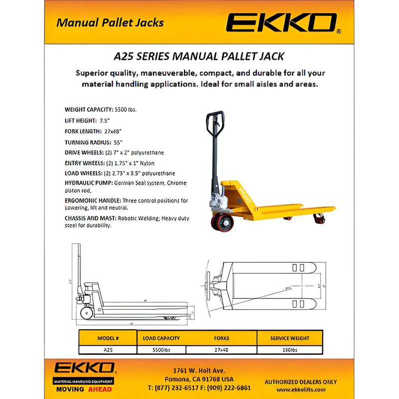 EKKO A25 manual pallet jack with yellow forks and black handle, compact design for material handling