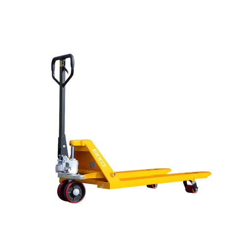 EKKO A25 yellow pallet jack with black handle and red wheels for heavy lifting