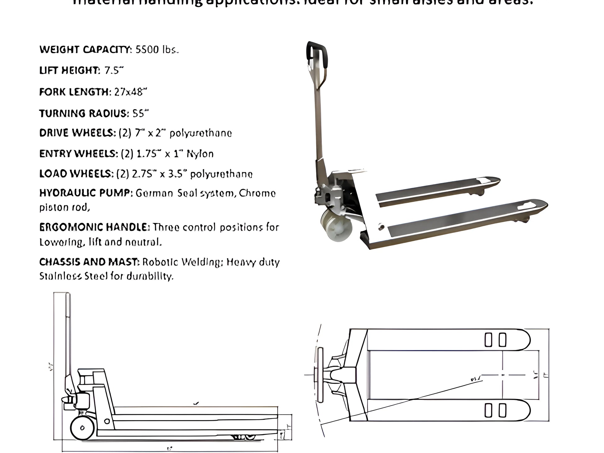 EKKO A25S pallet truck with stainless steel chassis and ergonomic handle for material handling