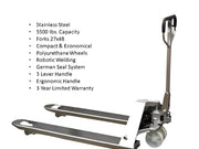 EKKO A25S stainless steel pallet truck with polyurethane wheels and ergonomic handle