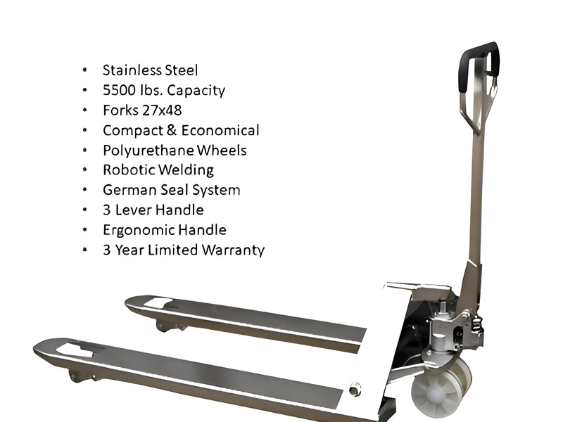 EKKO A25S stainless steel pallet truck with polyurethane wheels and ergonomic handle