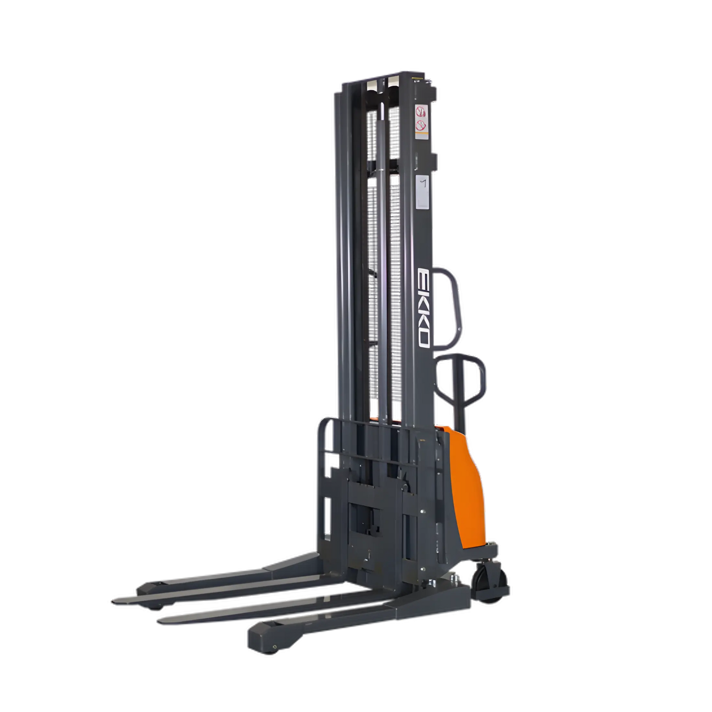 EKKO EA15A-138 electric forklift stacker with black and orange body for industrial lifting