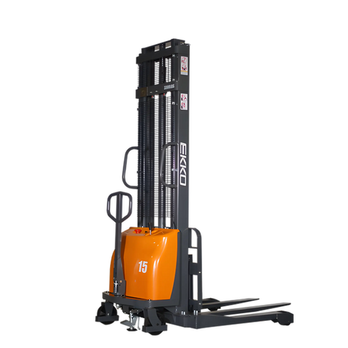 EKKO EA15A-138 electric pallet stacker with orange and black design for warehouse lifting