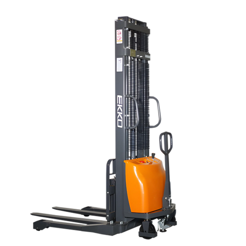 EKKO EA15A-138 electric pallet stacker with orange body and black lifting mast for warehouse use