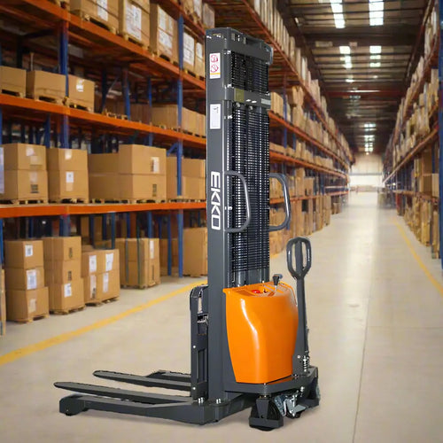 EKKO EA15A-138 electric pallet stacker with orange body in a warehouse aisle with shelves