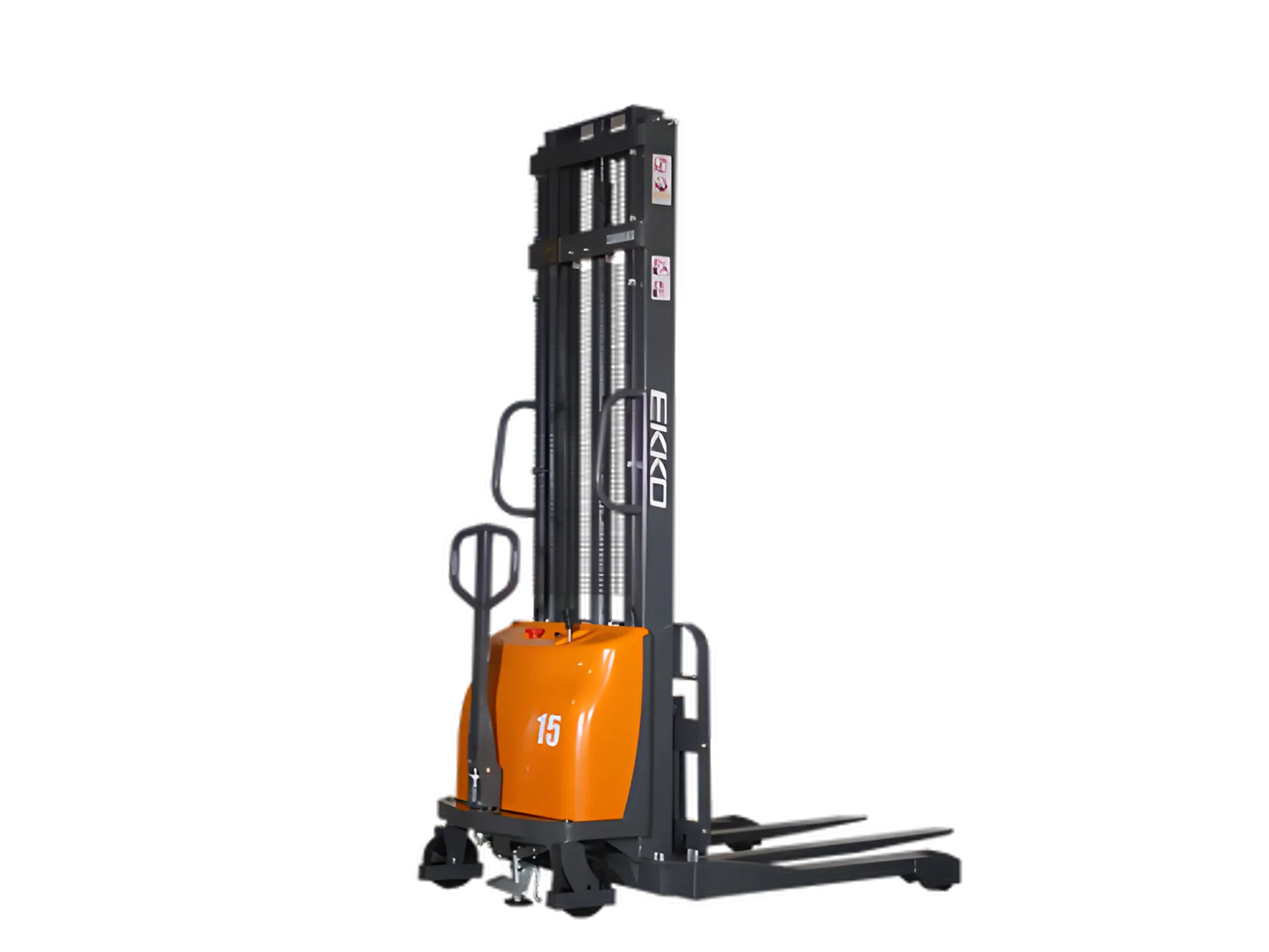 EKKO EA15A electric stacker forklift with orange body and black lifting mast for warehouse use