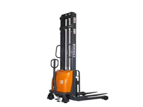 EKKO EA15A electric stacker forklift with orange body and black lifting mast for warehouse use