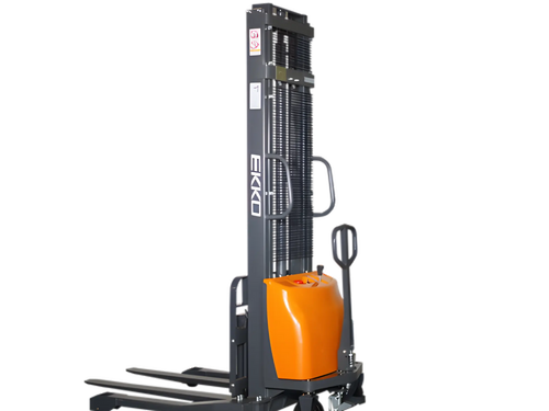 EKKO EA15A electric stacker forklift with orange base and black lifting frame on black background