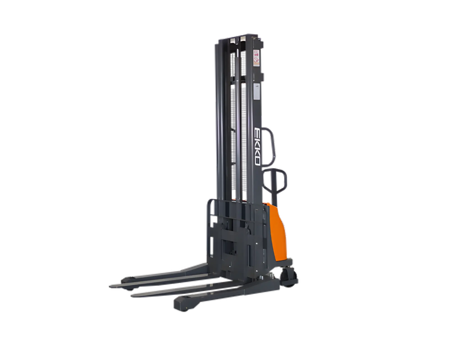 EKKO EA15A electric pallet stacker with black and orange frame for warehouse lifting