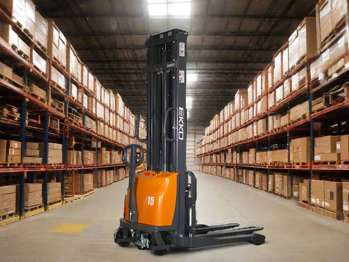 EKKO EA15A electric pallet stacker forklift in a warehouse aisle with shelves full of boxes