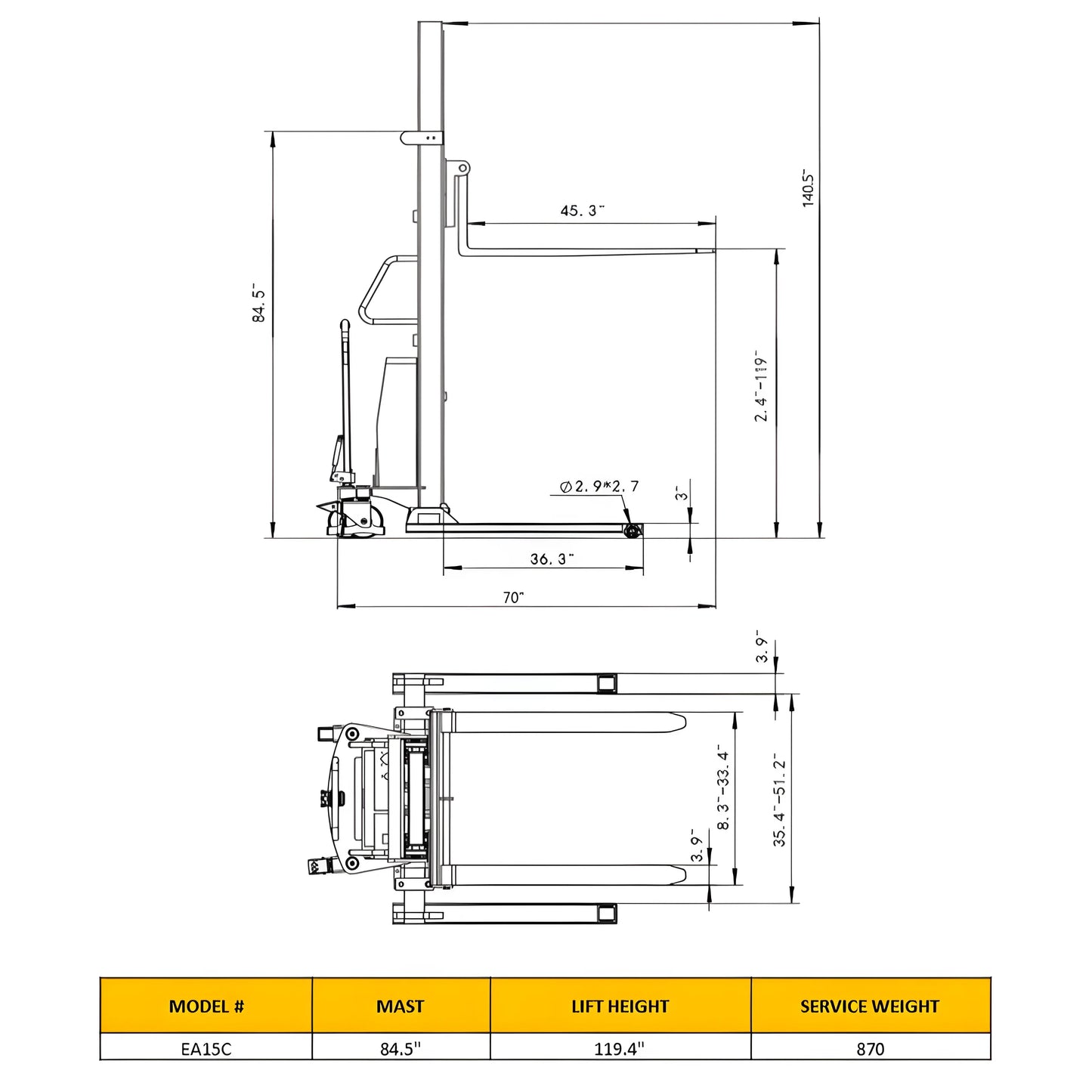 Technical drawing and specifications of EKKO EA15C forklift with mast height 84.5 inches and lift height 119.4 inches