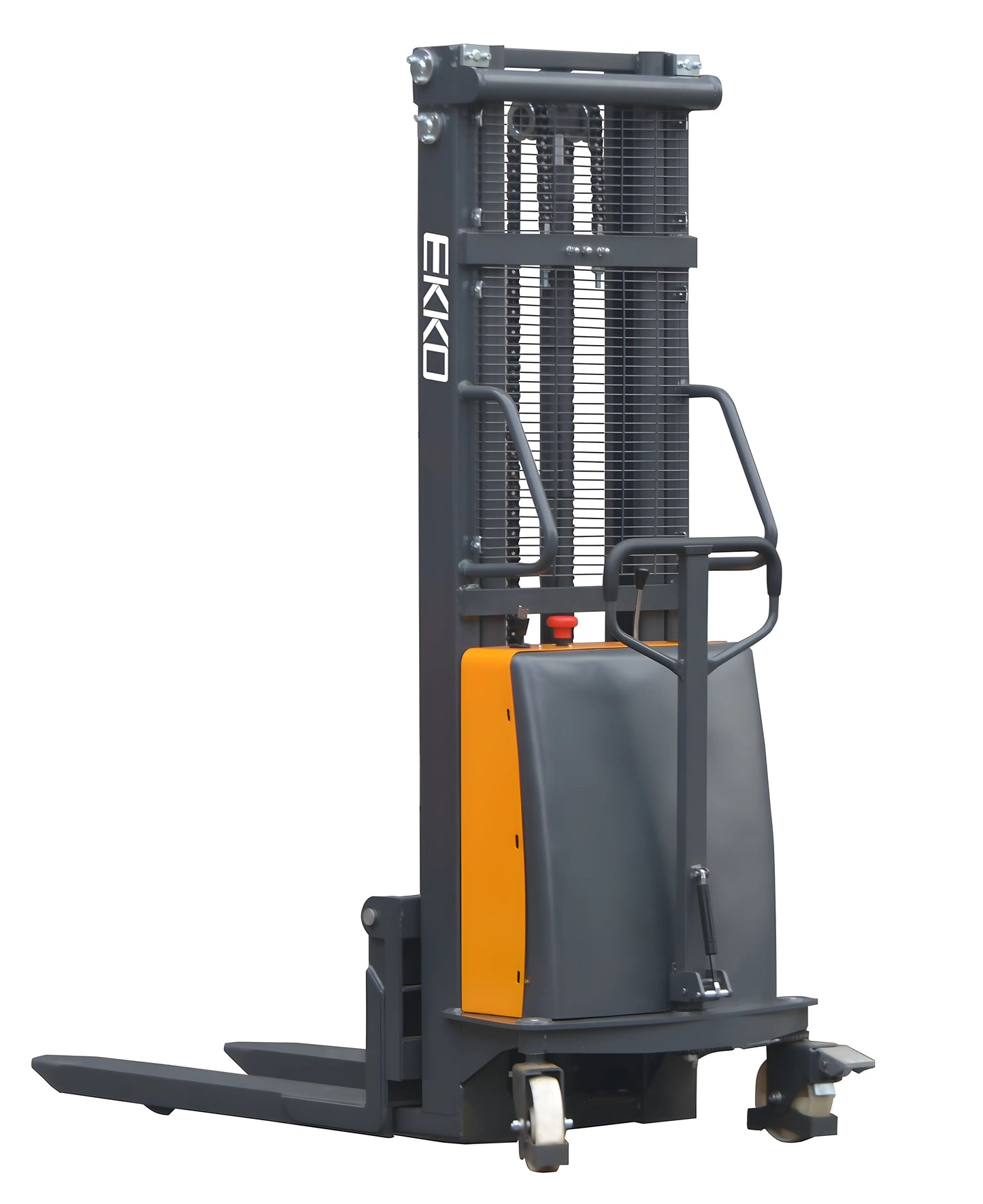 EKKO EA15C electric pallet stacker forklift with black and yellow body for warehouse lifting