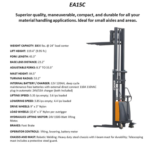 EKKO EA15C compact and durable forklift with adjustable forks and heavy duty steel chassis