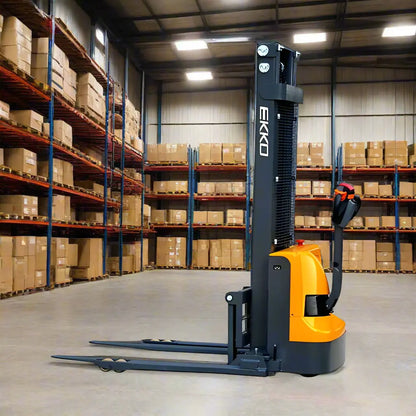 EKKO EB12EA electric pallet stacker in warehouse with orange and black design and extended forks