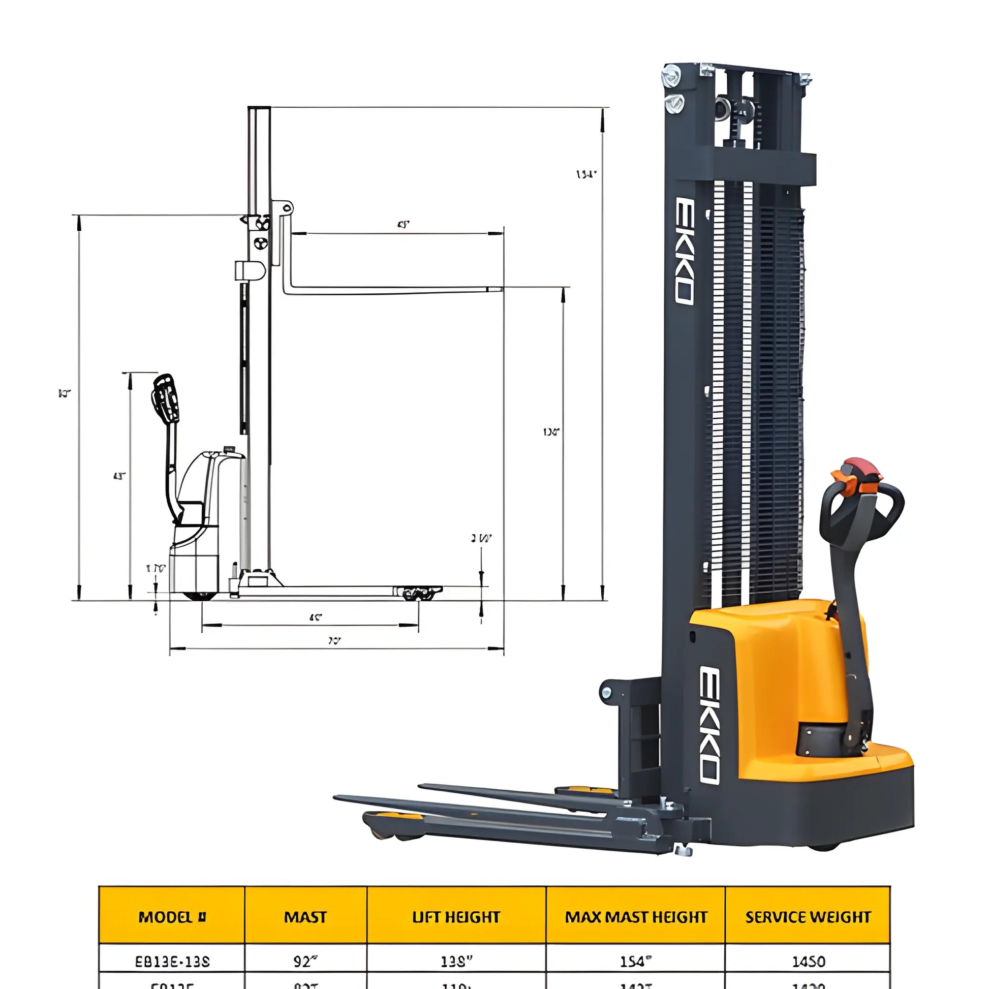 EKKO EB13E electric stacker forklift with black and yellow design showing mast and lifting forks with technical dimensions