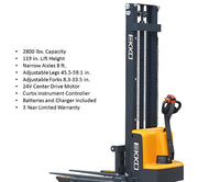 EKKO EB13E electric stacker with 2800 lbs capacity and 119 inch lift height for narrow aisle use