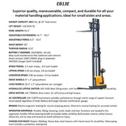 EKKO EB13E electric forklift with compact design and adjustable forks for maneuverable material handling