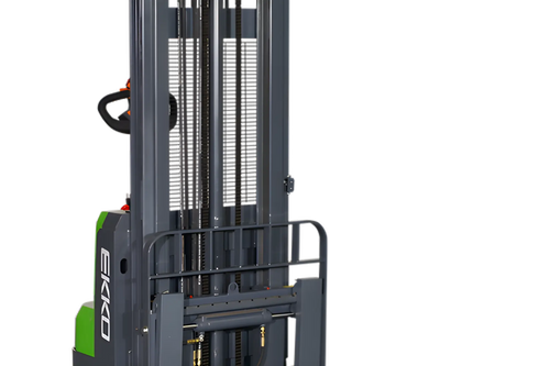 EKKO EB14C-118Li electric forklift with vertical mast and safety guard in gray and green