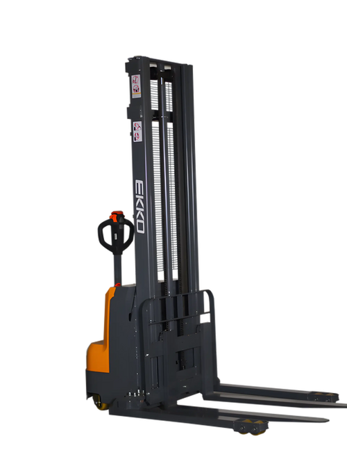 EKKO EB14C-138 electric pallet stacker with black and orange design for warehouse lifting tasks