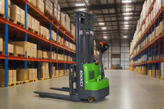 EKKO EB14C-145Li electric forklift in warehouse aisle with tall shelves and stacked boxes