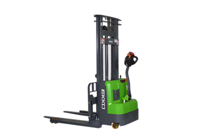 EKKO EB14C-98Li electric forklift in green and black with dual forks for warehouse lifting