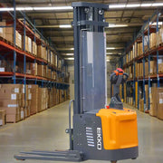 EKKO EB16EA electric pallet stacker in warehouse with orange and black design