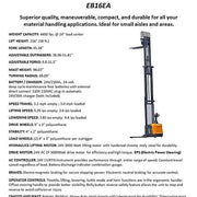 EKKO EB16EA electric forklift with adjustable forks and outriggers for compact material handling