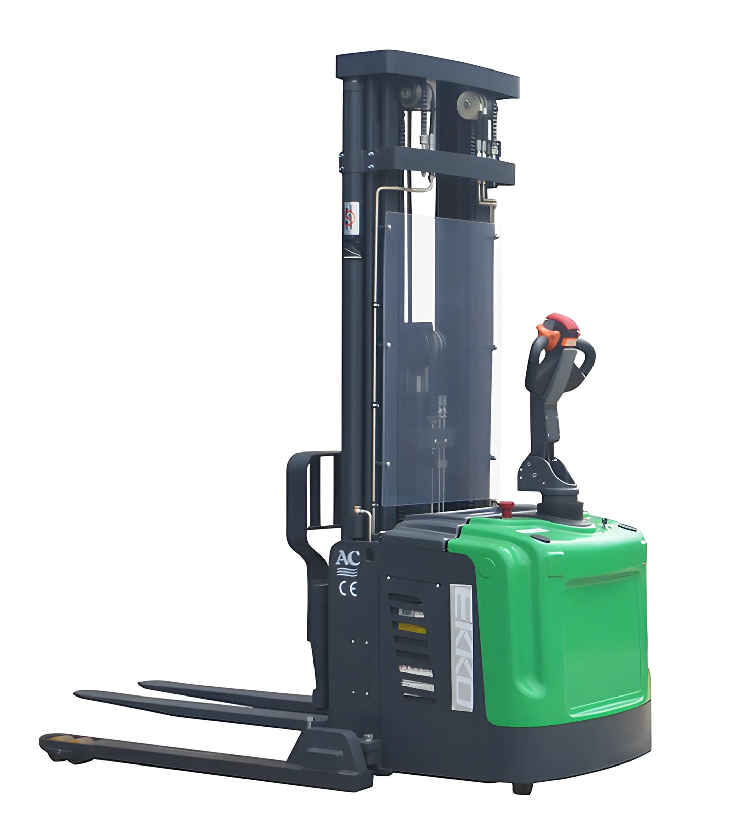 EKKO EB16EAS-189Li straddle stacker with green body and black lifting forks for material handling