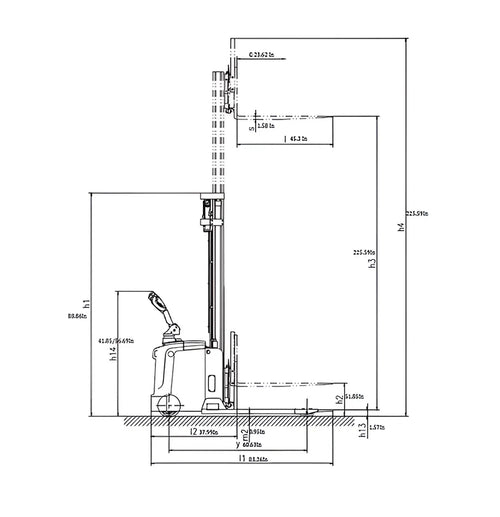 Technical blueprint drawing of EKKO EB16EAS-189Li straddle stacker with detailed dimensions