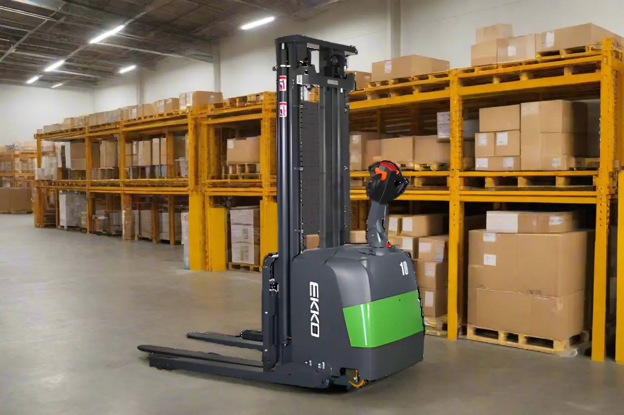 EKKO EB18C-138Li electric pallet stacker forklift in warehouse with yellow shelving and stacked boxes