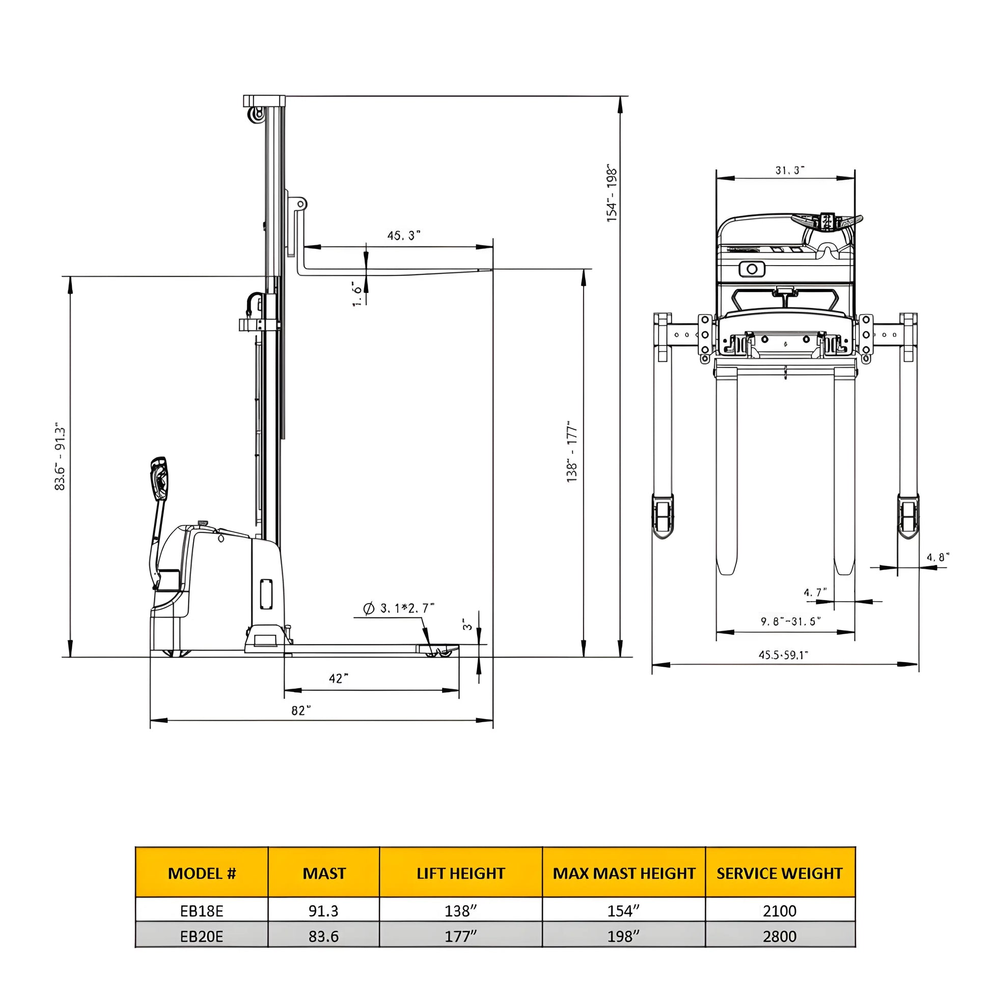 Technical drawing of EKKO EB18E electric stacker with detailed dimensions and specifications