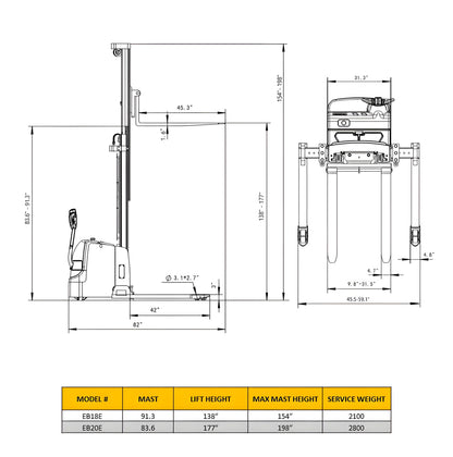 Technical drawing of EKKO EB18E electric stacker with detailed dimensions and specifications