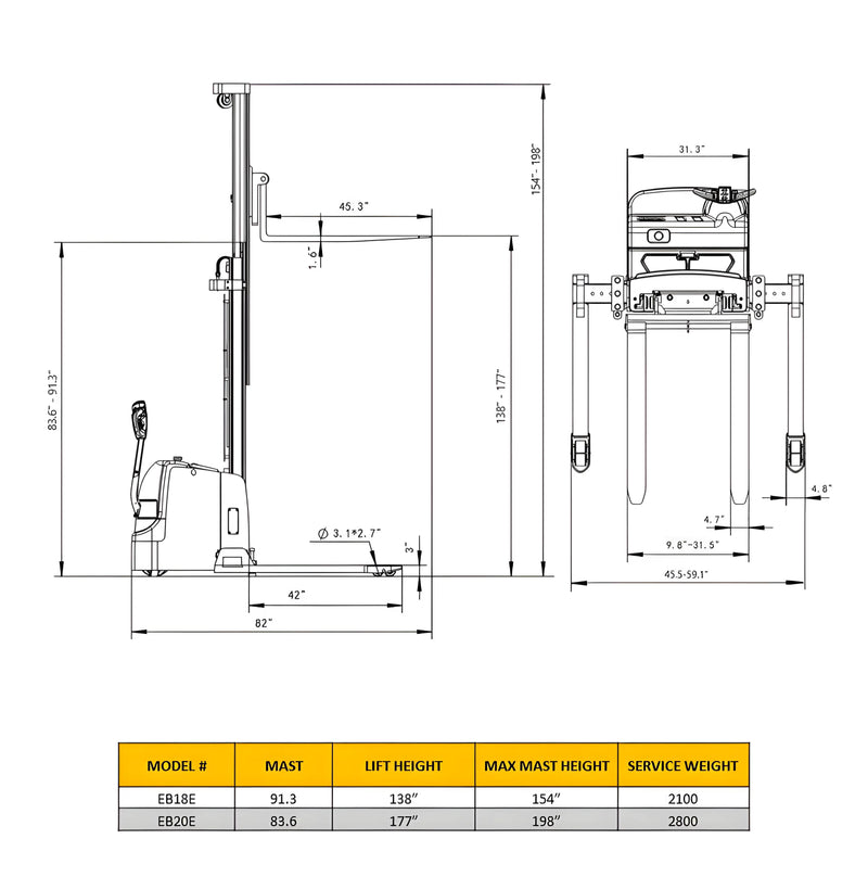 Technical drawing of EKKO EB18E electric stacker with detailed dimensions and specifications