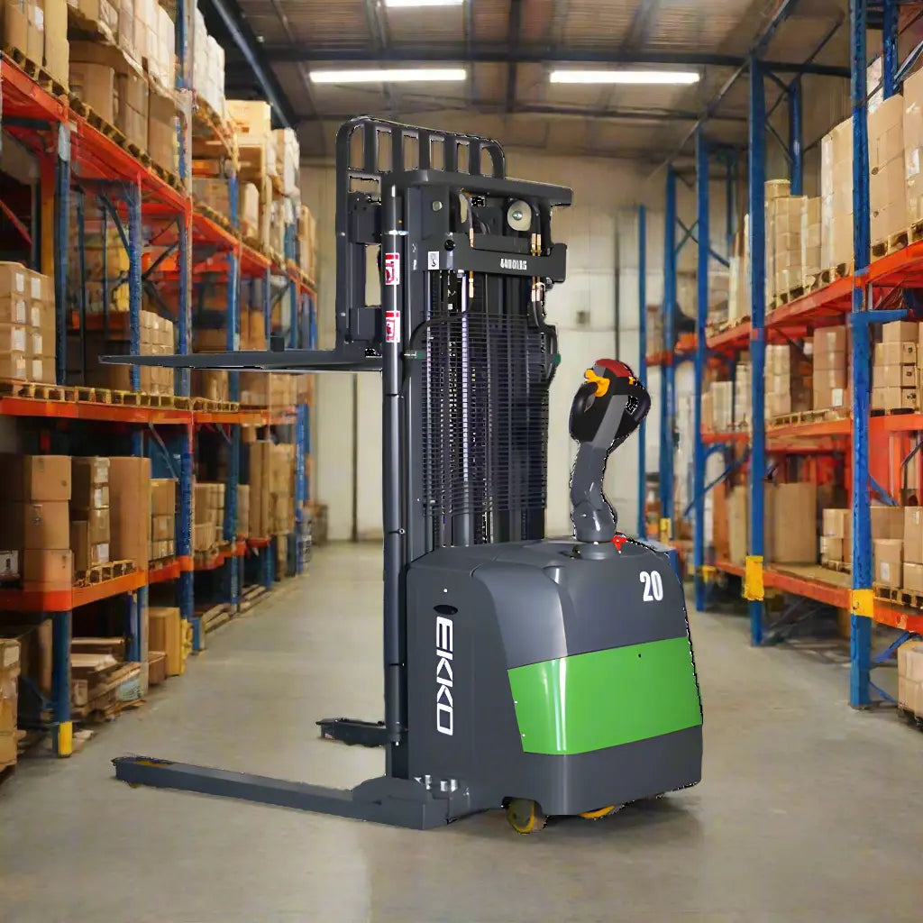 EKKO EB20CS-177LI electric forklift in warehouse aisle with stacked boxes on shelves